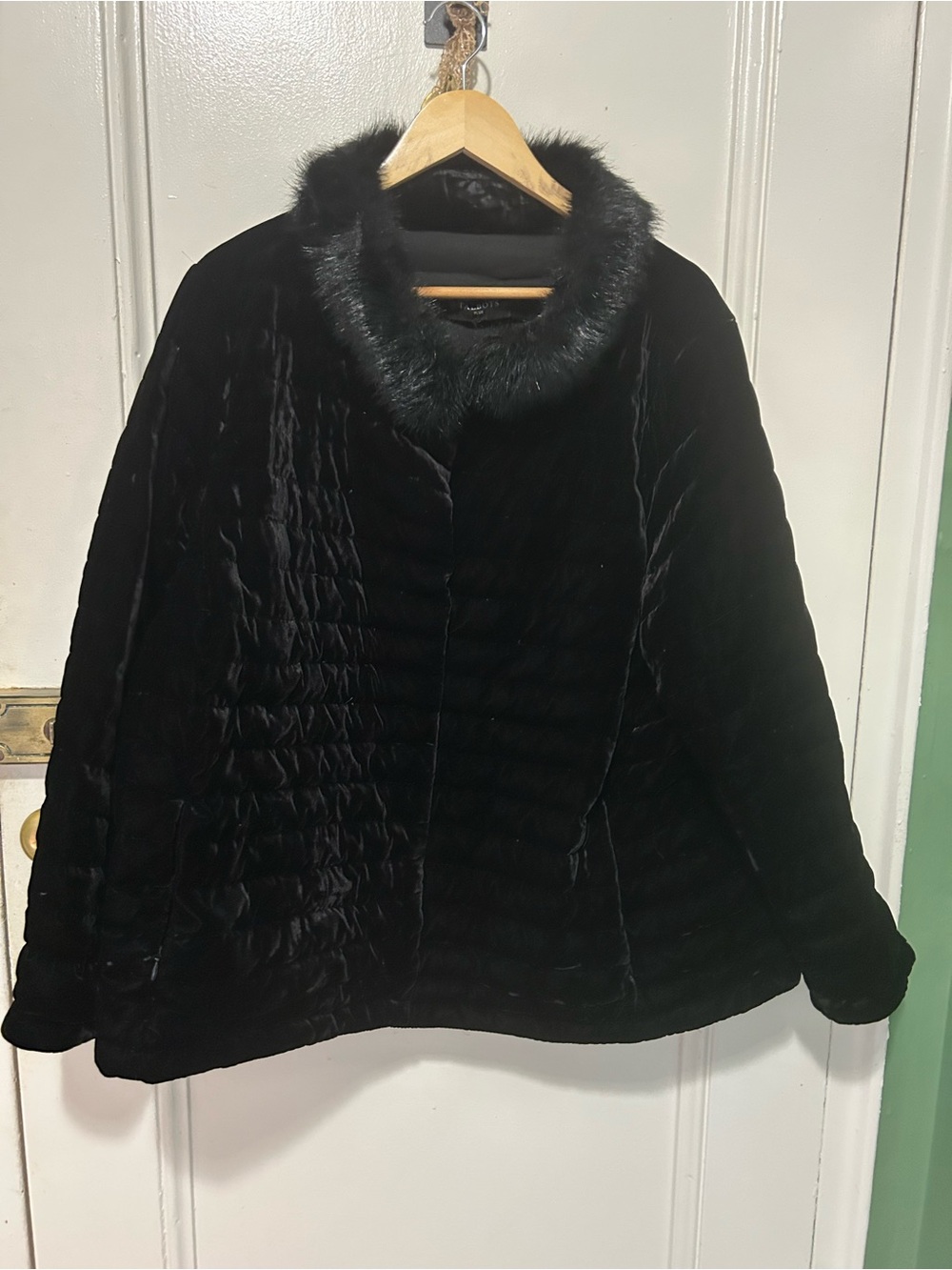 Talbots Black Velvet Teddy Jacket with Faux Fur Trim